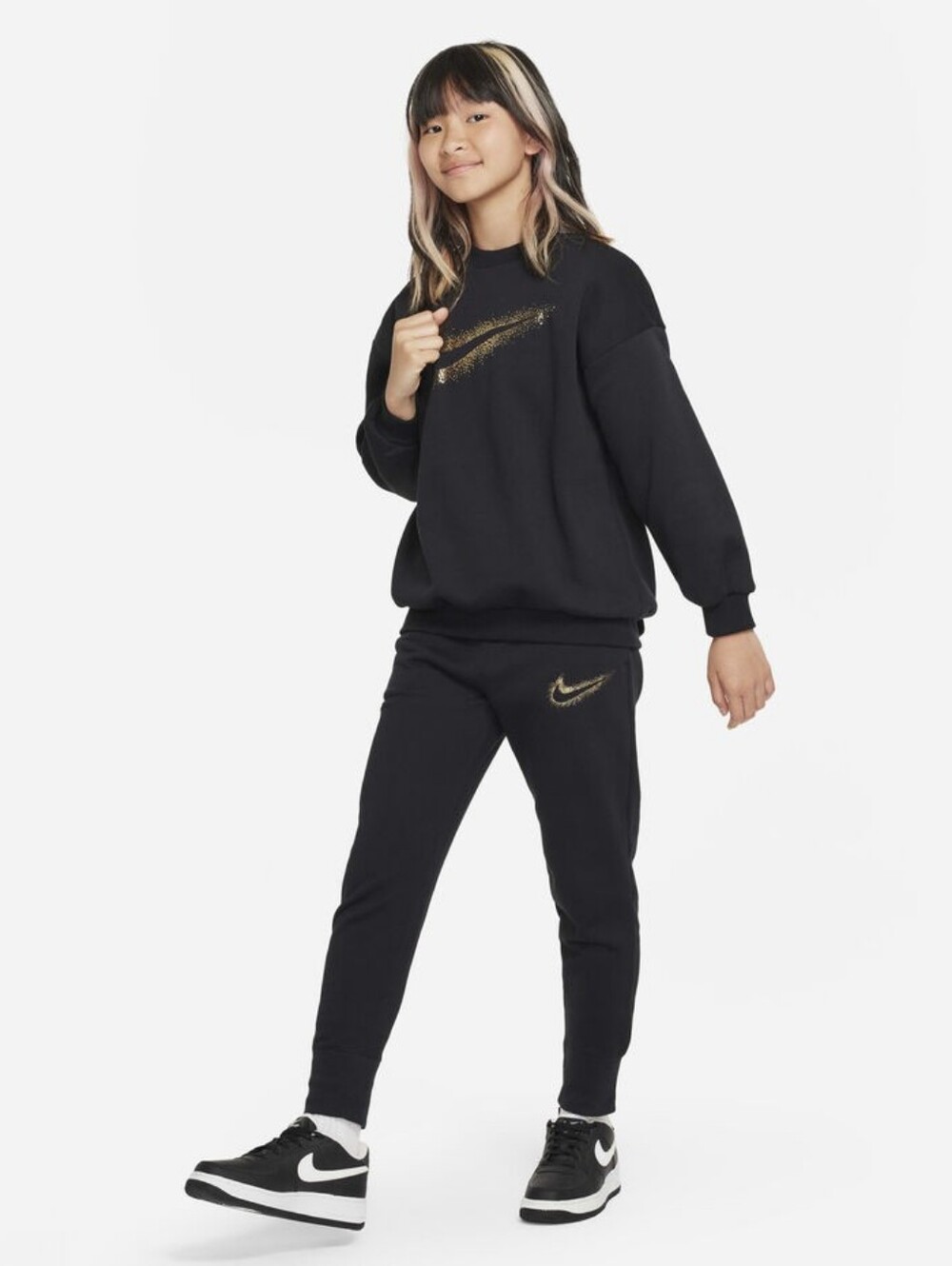 Nike Kids' Black Jogger Bottoms with Gold Swoosh